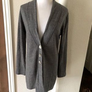 J Jill Merino Wool Cardigan Italian Wool Grey Longline  Small Mother Pearl